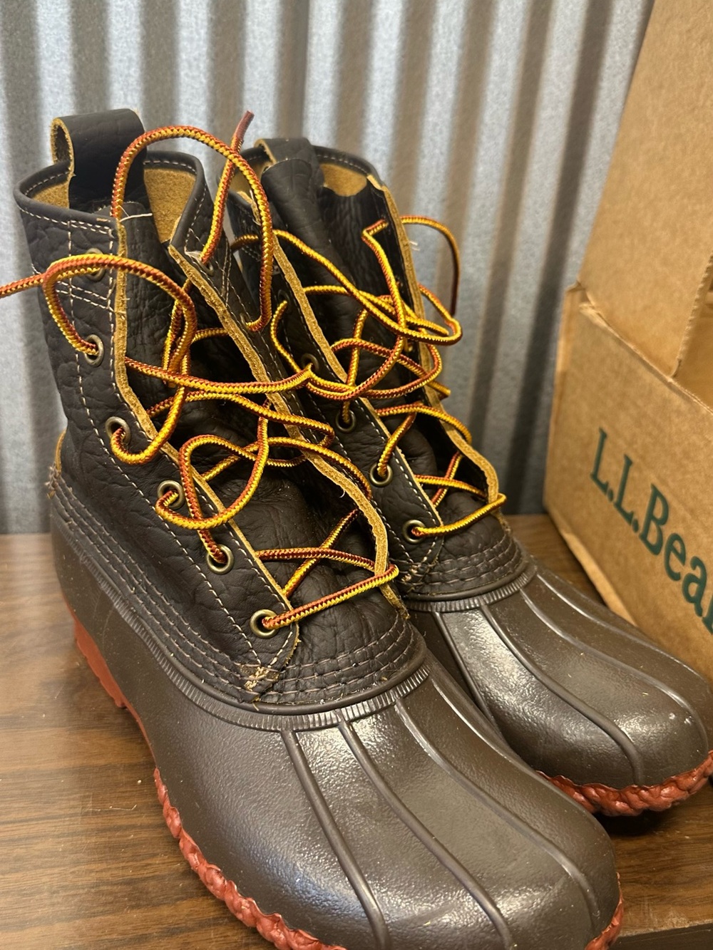 L.L. Bean Women's Dark Brown Duck Boots with Orange-Toned Laces